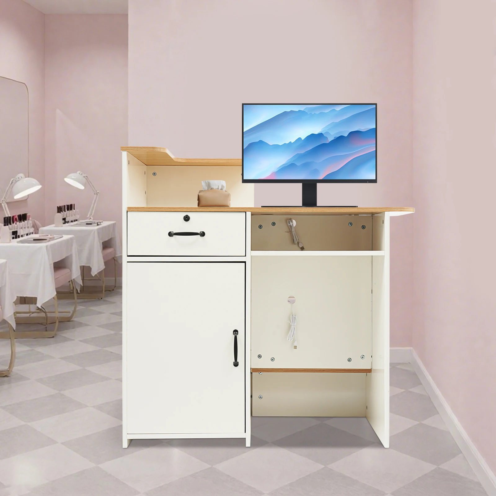 39.37 * 19.69 * 39.37 بوصة مكتب استقبال لوح الكثافة، طاولة استقبال تجارية حديثة قائمة على الأرض للمطاعم، إلخ