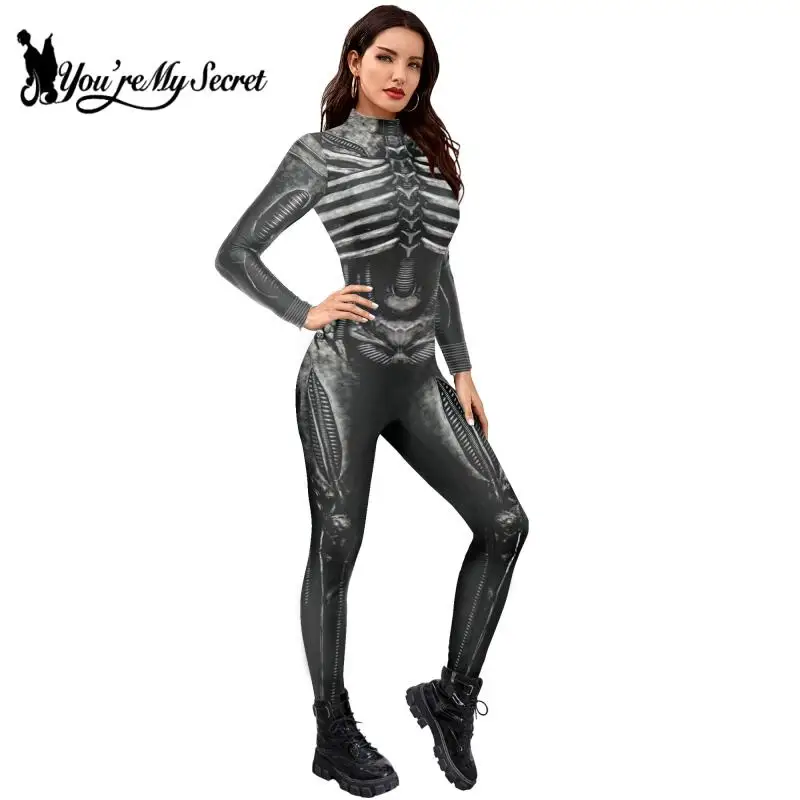 [Du bist mein Geheimnis] Erwachsene beängstigend Skelett gedruckt Halloween Cosplay Bodysuit Zentai Kostüme Tag der Toten Dress Up Party