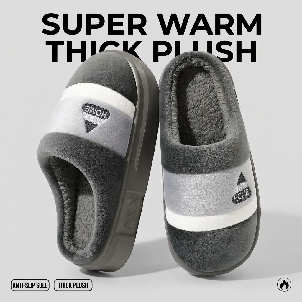 Große Herren-Winter-Hausschuhe, warm, mit dickem Plüschfleece-Futter, Plateau-Sohle, leise, rutschfest, Baumwoll-Slides, flache Mules – Detail 1