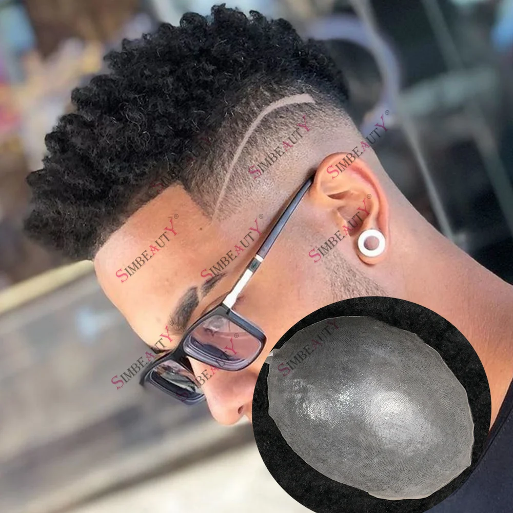 4mm Tight Curly Afro Black Man Hairpieces 100% Human Hair Toupee for Men Double Knots Skin Base Male Prosthesis Natural Hairline