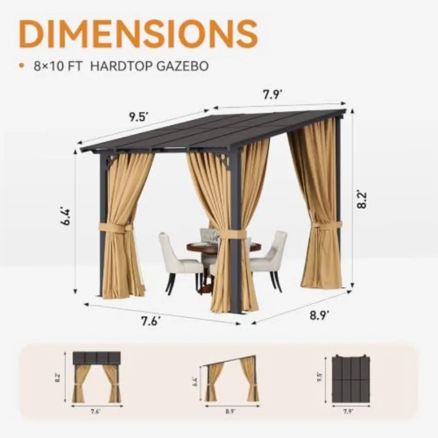 Lean to Gazebo, Hardtop Gazebo with Mosquito Net and Curtains, Wall Mounted Pergola with Aluminum Frame and Polycarbonate Panel