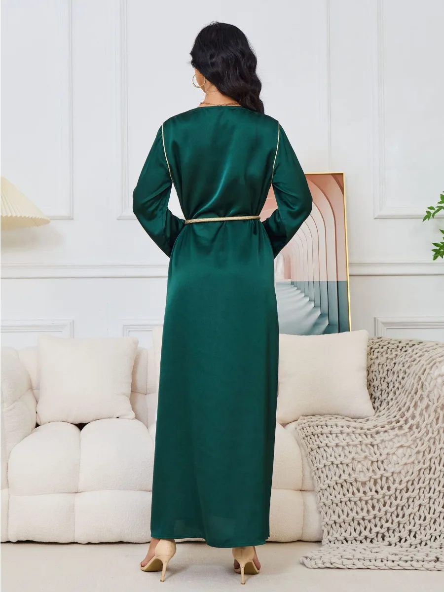 Eid Arab Muslim Party Dress for Women Abaya V Neck Button Jalabiya Long Dresses Morocco Kaftan Vestidos Dubai Ramadan Gown Robe