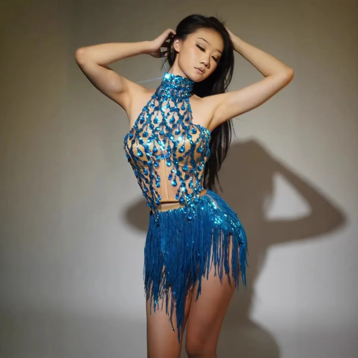 Shining Rhinestone Tassel Dress Sexy Women Elastic Mesh Net Perspective Crystal Dress Singer Stage Costumes Latin Dance Dress