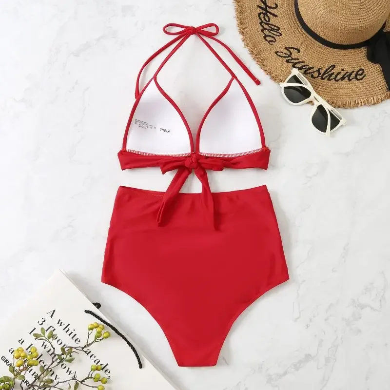 Bikini push up 2025 Costume da bagno donna Solido Costumi da bagno a vita alta Costume da bagno estivo femminile Mayo Beachwear Rosso Bianco Rosa