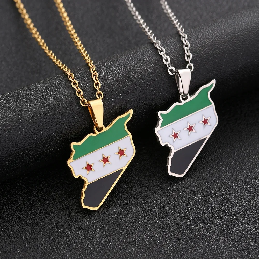 Stainless Steel Free Syrian Army Map and Flag Necklace Men's and Women's Couple Sweater Chain Accessories