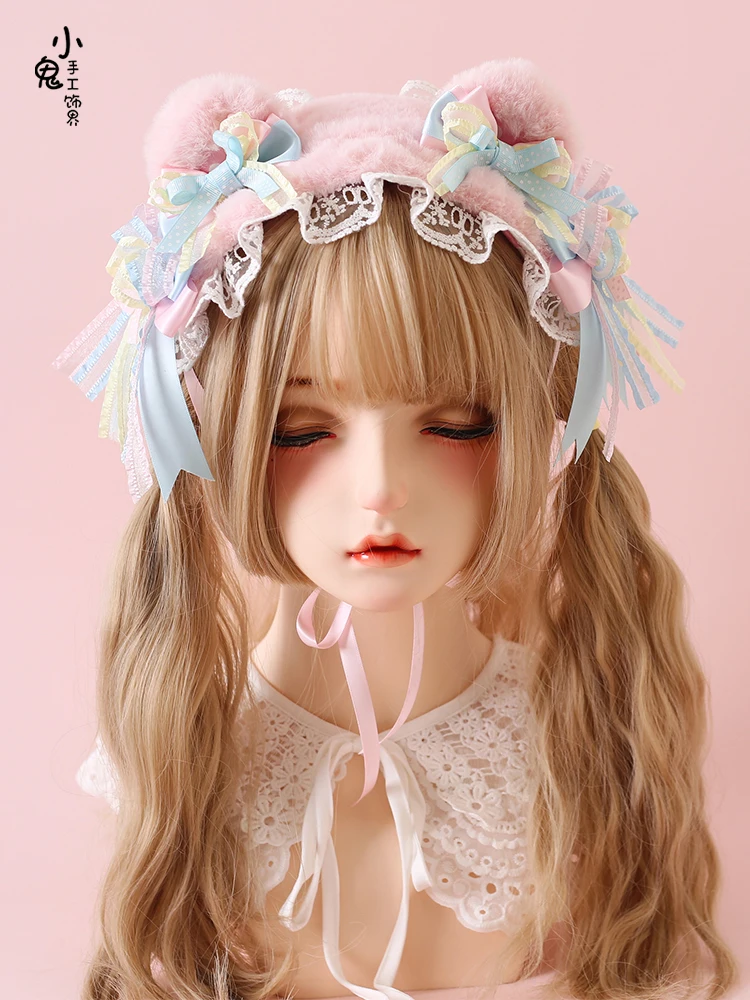 Original Lolita Sweet Celebration Handmade Gadget Sweet Bear Ear Headband Headwear Pink Blue Bow Edge Clip Barrettes