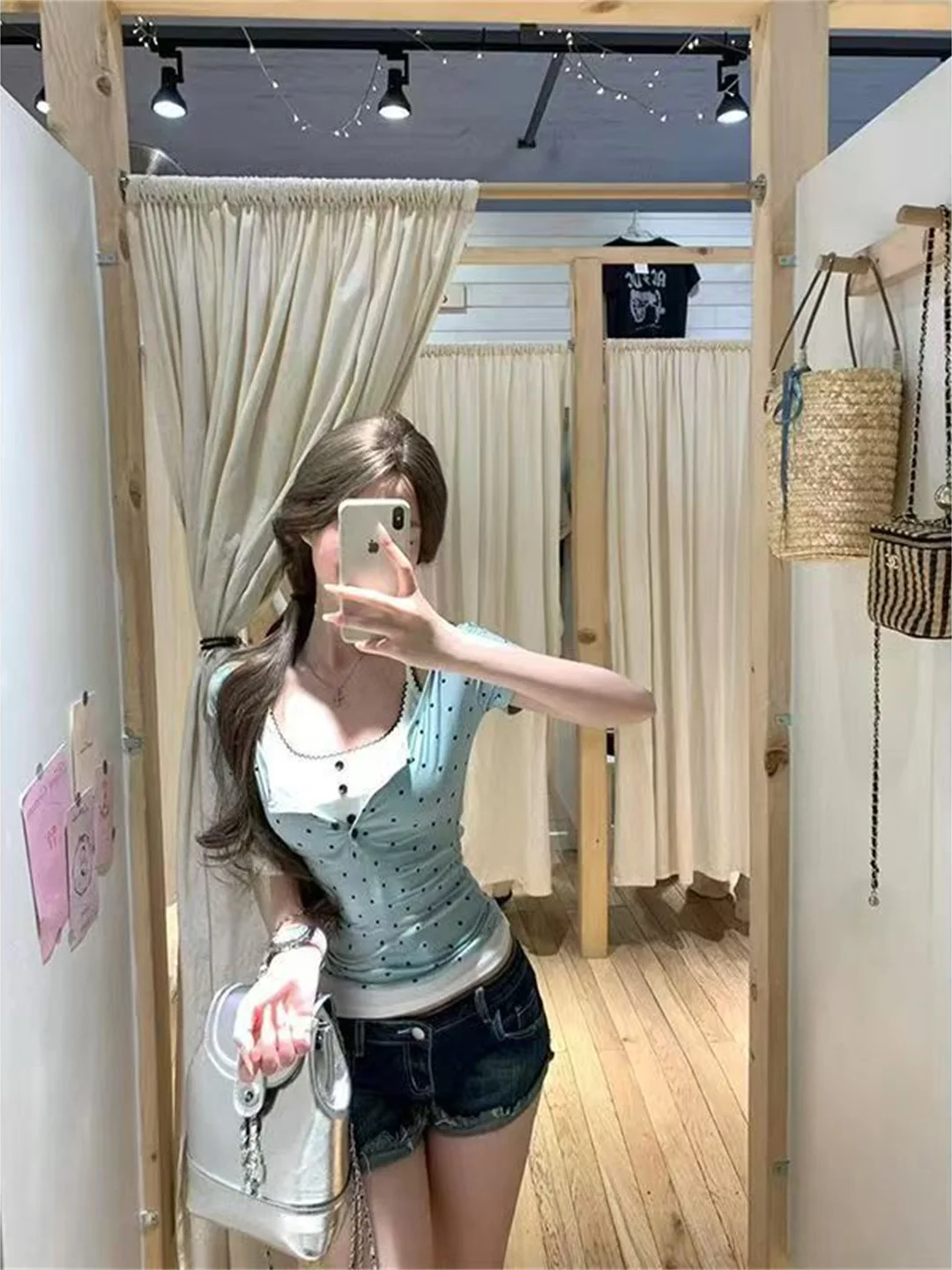 

Summer Green Short Sleeve T-Shirt Chic Square Collar Half Buttoned Top Polka Dot Print Sweet T-Shirt Korean Style Slim Fit