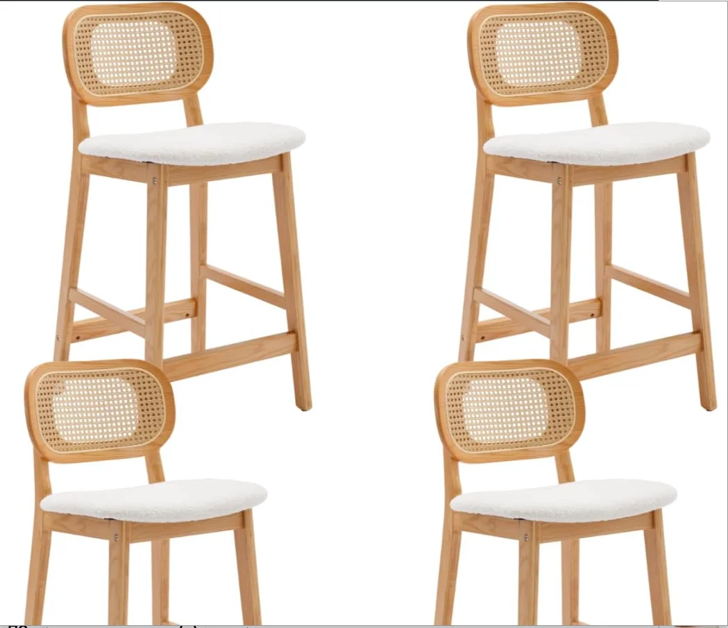 

Counter Height Bar Stools Set of 4 Rattan Back Farmhouse Barstools Mid Century Modern Wood Bar Chairs Comfortable Sherpa Upholst