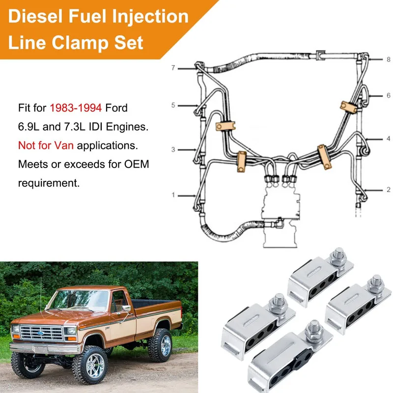 Diesel Fuel Injection Line Clamp Set for 1983-1994 Ford 6.9L / 7.3L IDI Engine-4 Pcs/Set