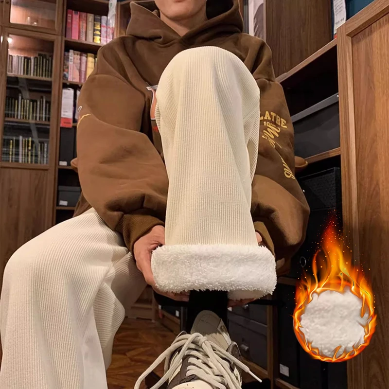 Thick Lamb Fleece Men's Pants Winter Loose Korean Street Baggy Warm Premium Velvet Trousers Straight Leg Wide Leg Wool Hot Pants
