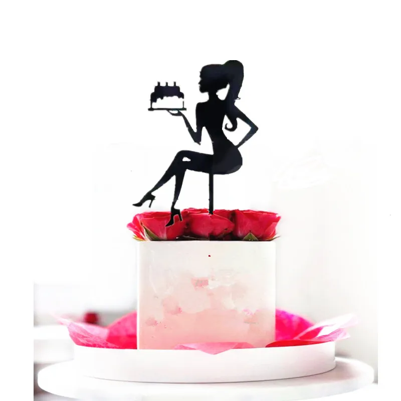 Black Acrylic Girl Happy Birthday Cake Topper Gift Wine Glass Design Wedding Party Cupcake Topper Dessert Decoration Baby Shower