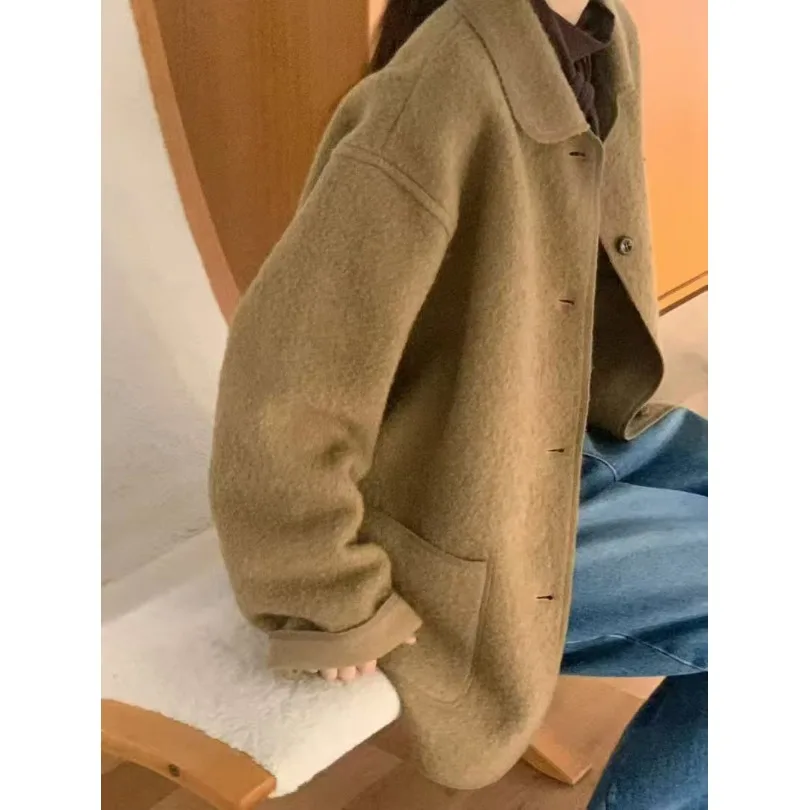 Abrigo de lana para mujer, corte holgado, informal, con cuello vuelto, patrón circular, otoño e invierno, nuevo abrigo versátil para ir al trabajo