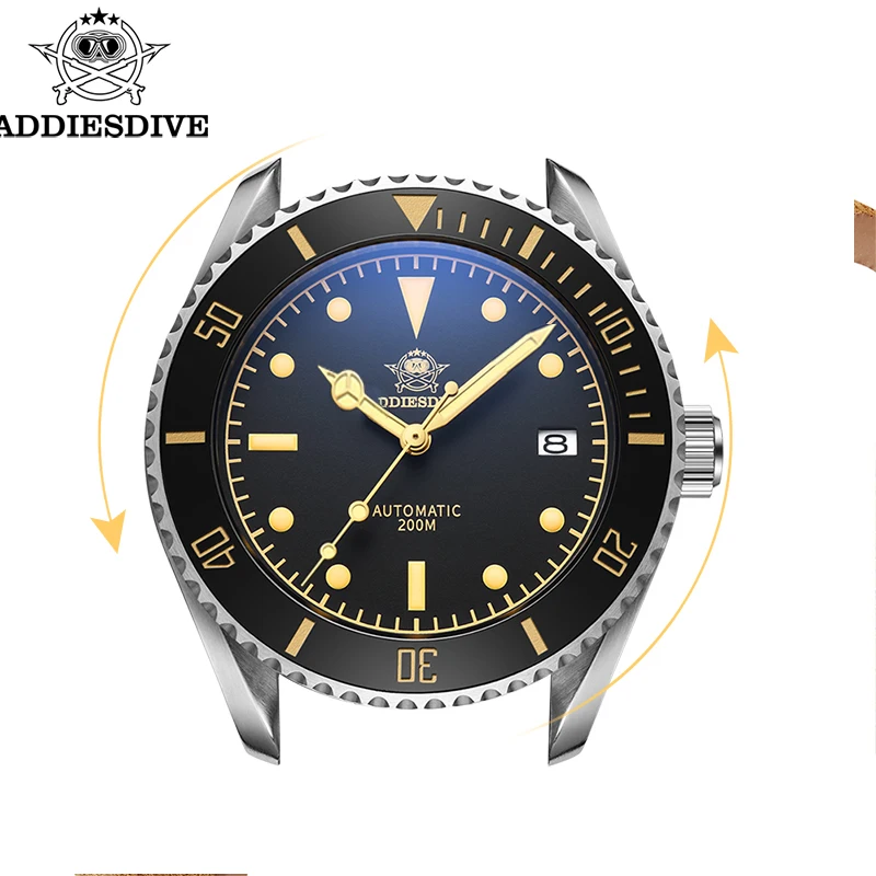 ADDIESDIVE Luxury Men\'s Watch Vintage Leather Strap Date Display  Sapphire Glass  C3 Super Luminous NH35 Automatic Analog Watch