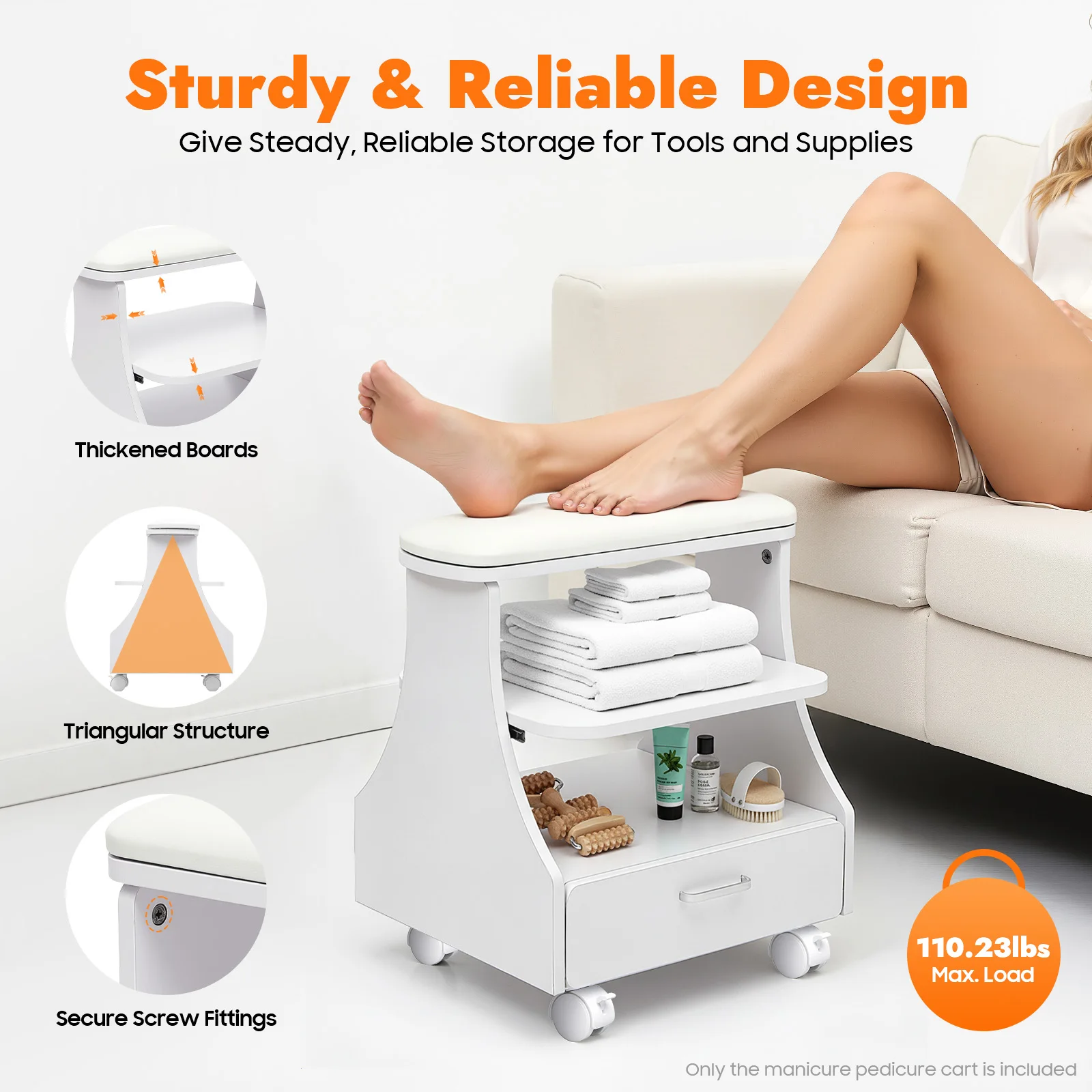 Chariot de pédicure roulant avec tiroir, chariot de salon de beauté avec roulettes verrouillables, chariot spa pour repose-pieds pour manucure et salo