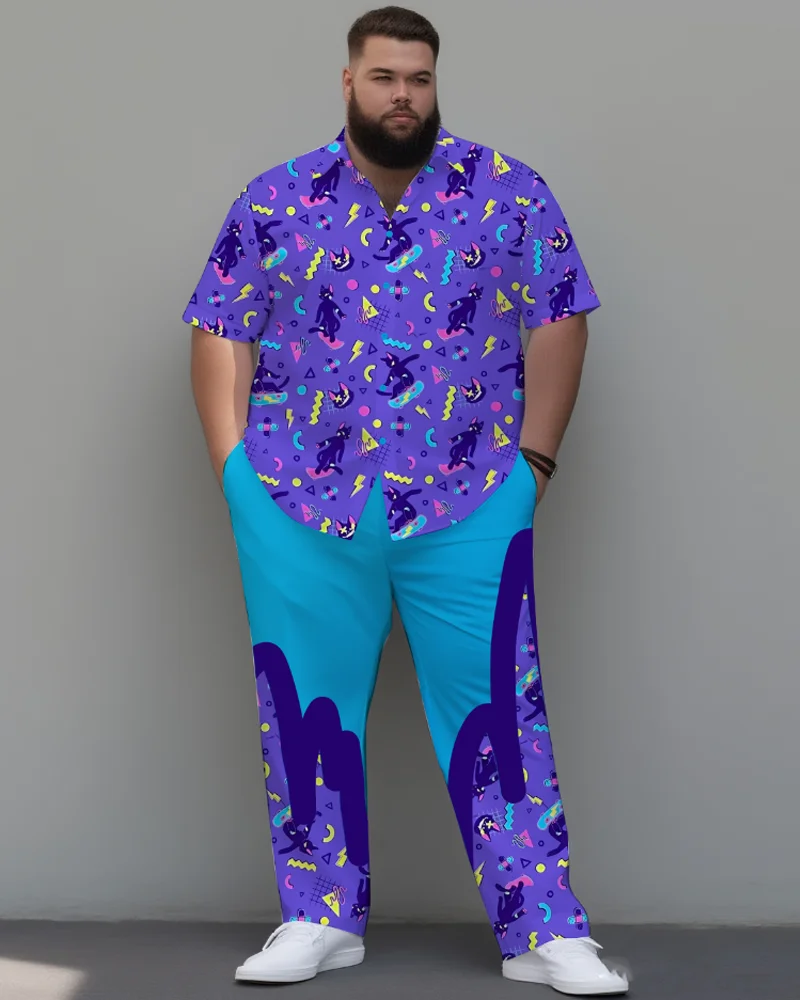 S-9XL Men's Plus Size Cartoon Character Print Short Sleeve Shirt & Pants 2-Piece Set Casual Loose Fit Summer