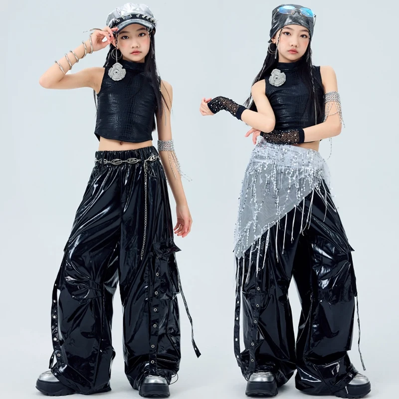 Black Jazz Dance Outfit Trendy Suit For Girls Kpop Stage Costume Summer Vest Hip Hop Trousers Children Street Dance Clothes 2068