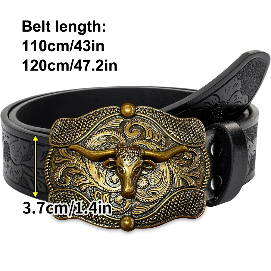 حزام Niu Tou Tang بنمط العشب رائع منحوت على شكل لوحة كبيرة بإبزيم معدني للرجال والنساء - نمط غير منتظم منحوت Fl