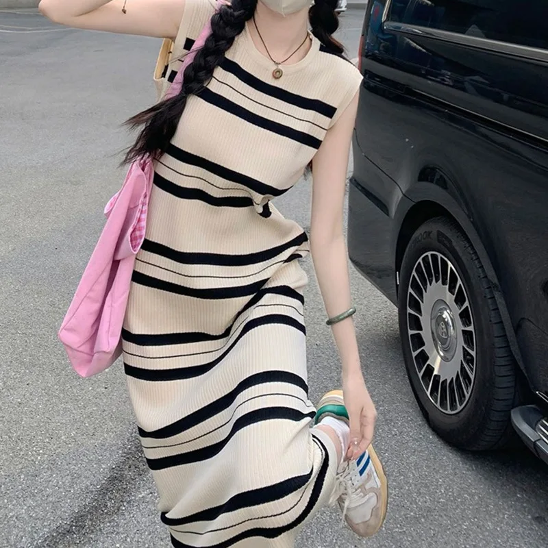 

Mid Length Striped Dress Women Vest Dresses Knitted Vestidos Y2k Streetwear Round Neck Sleeveless Elegant Party Work Summer