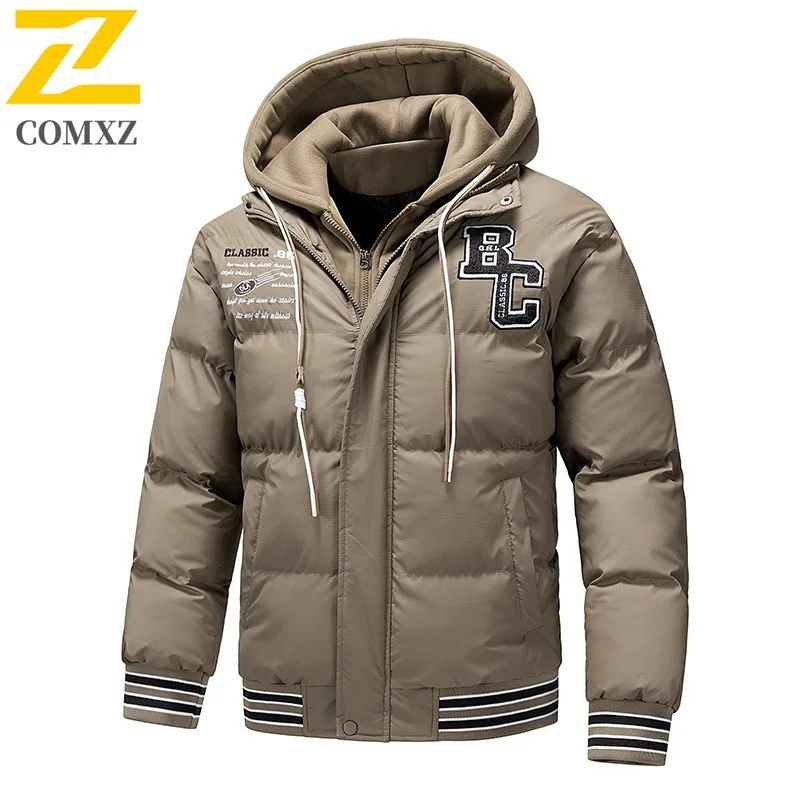 COMXZ 2025 Mens Fake Two Piece Thickened Hooded Winter American style Jacket Warm Tactics Waterproof and Windproof Outdoor Coat