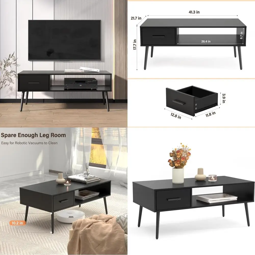 

Журнальный столик в стиле Mid-Century Modern с ящиком и полкой, черный, для дома и офиса, для гостиных