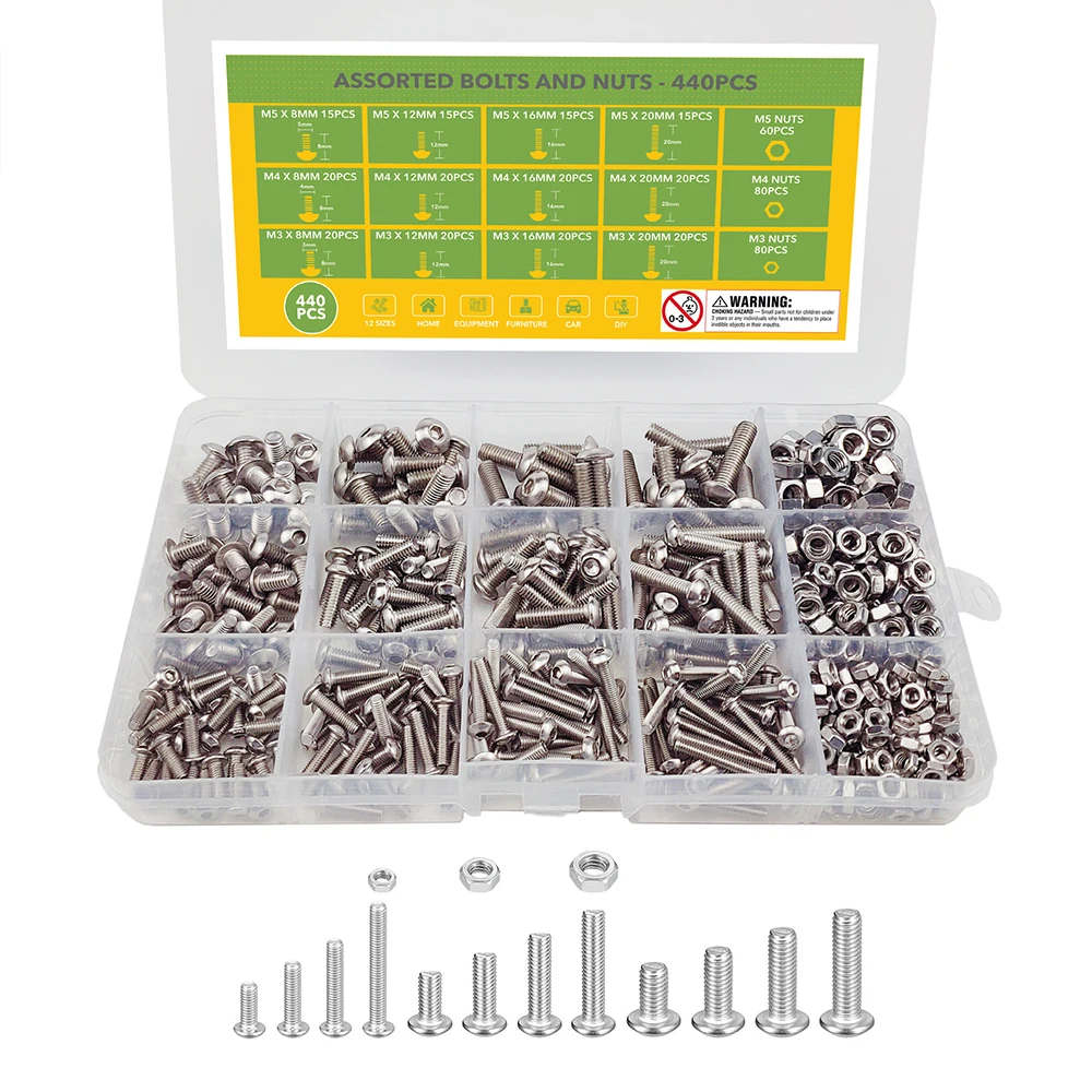 440pcs M3 M4 M5 304 Stainless Steel Button Head Hex Socket Head Cap Bolts Screws Nuts Assortment Kit for Road Bicycle