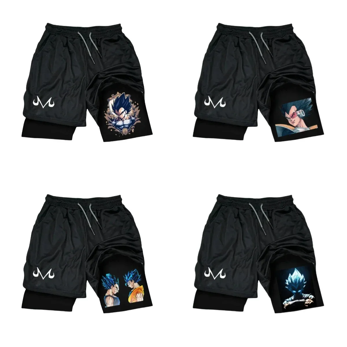 شورت رياضي أسود من Dragon Ball Z بشعار M مع جذوع فيغيتا مطبوع عليه شخصيات فضفاضة تناسب سريعة الجفاف من القماش عالي الشارع #3