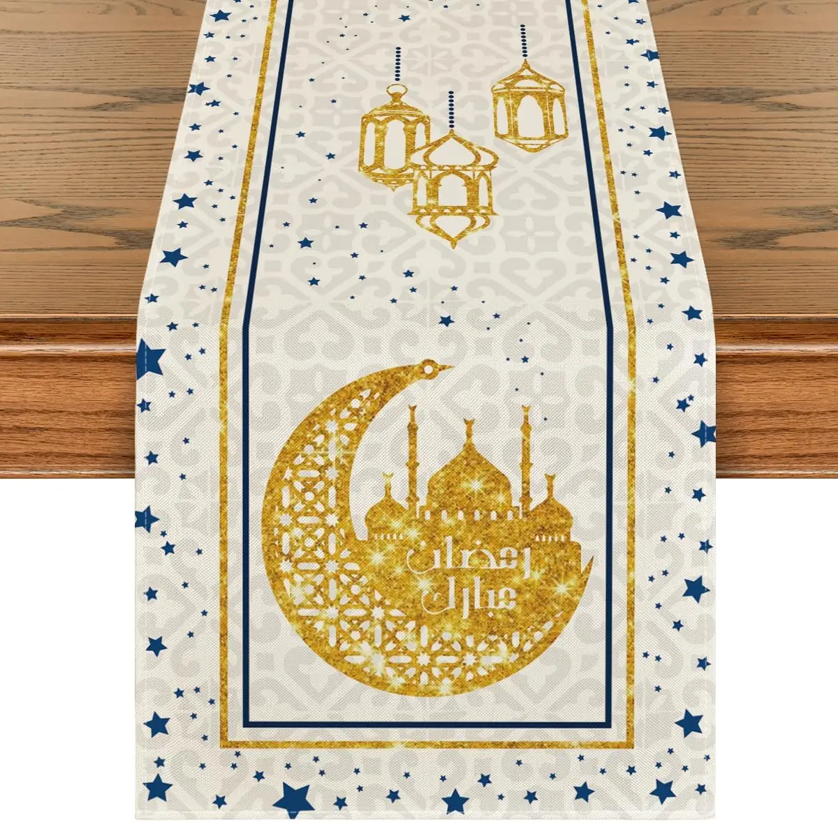 Ramadan White Moon Star Golden Linen Table Runner Holiday Party Decor Seasonal Spring Kitchen Dining Table Runners Table Decor