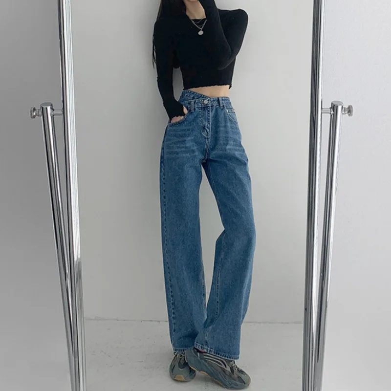 

Solid Jeans Women Korean Style Retro High Waist Baggy Straight Slender All-match Casual Streetwear Chic Cool Girls Summer Daily