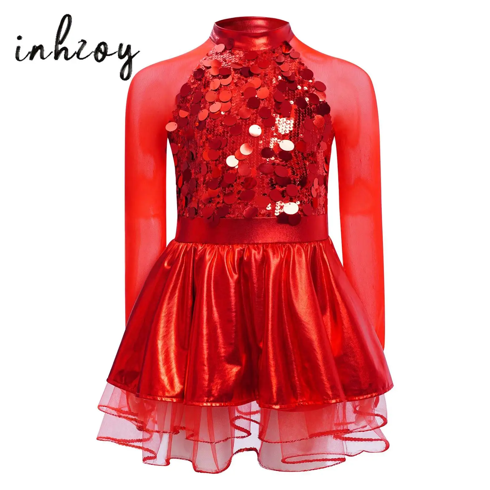 

Kids Girls Ballet Tutu Dress Sparkling Sequins Metallic Sheer Mesh Long Sleeves Dress Jazz Dance School Performance Costume