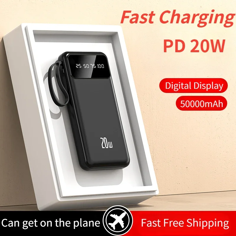 

2024 Comes with Cable Portable Power Bank 50000mAh Convenient Lanyard Ultra-thin Large Capacity for iPhone Samsung Huawei Xiaomi