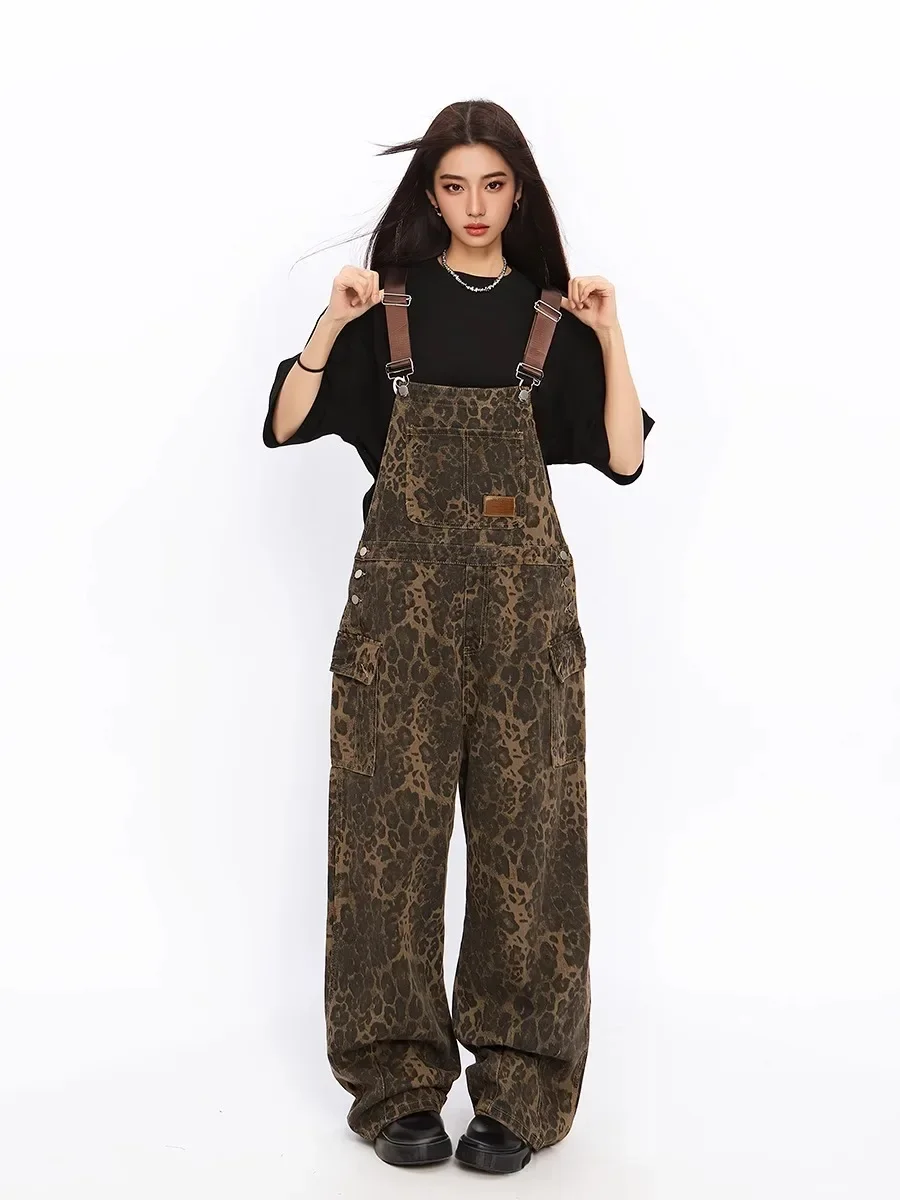 American Retro Leopard Print Overalls Women'S Spring New Loose Straight Street Cowboy Wide-Leg Overalls