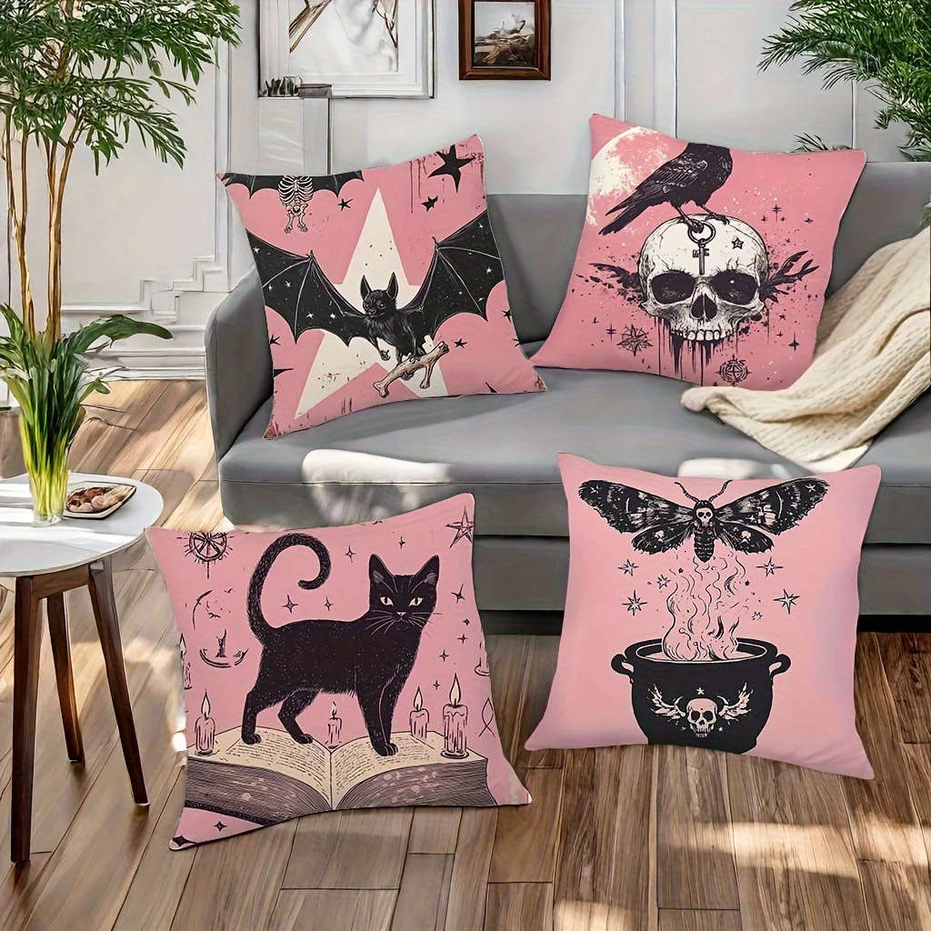 4 Pack Gothic Print Throw Pillow Covers Halloween Witchy Occult Skull Decor Spooky Aesthetic Boho Style Throw Pillow Shams