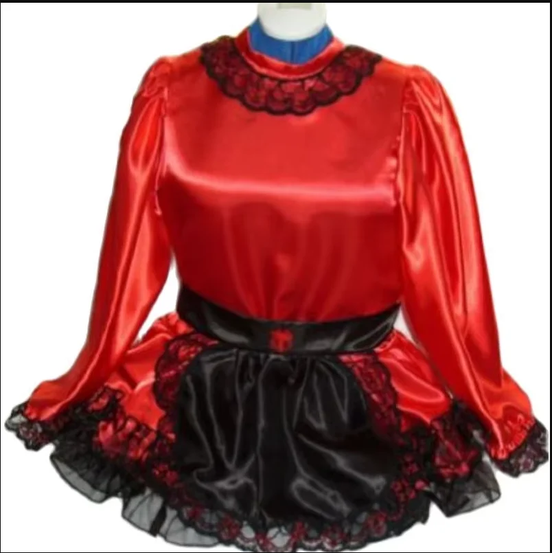 

French Sissy Adult Baby Neutral CD / TV Fetish Satin Red Black Organza Dress and Skirt Maid Dress Can Be Customized