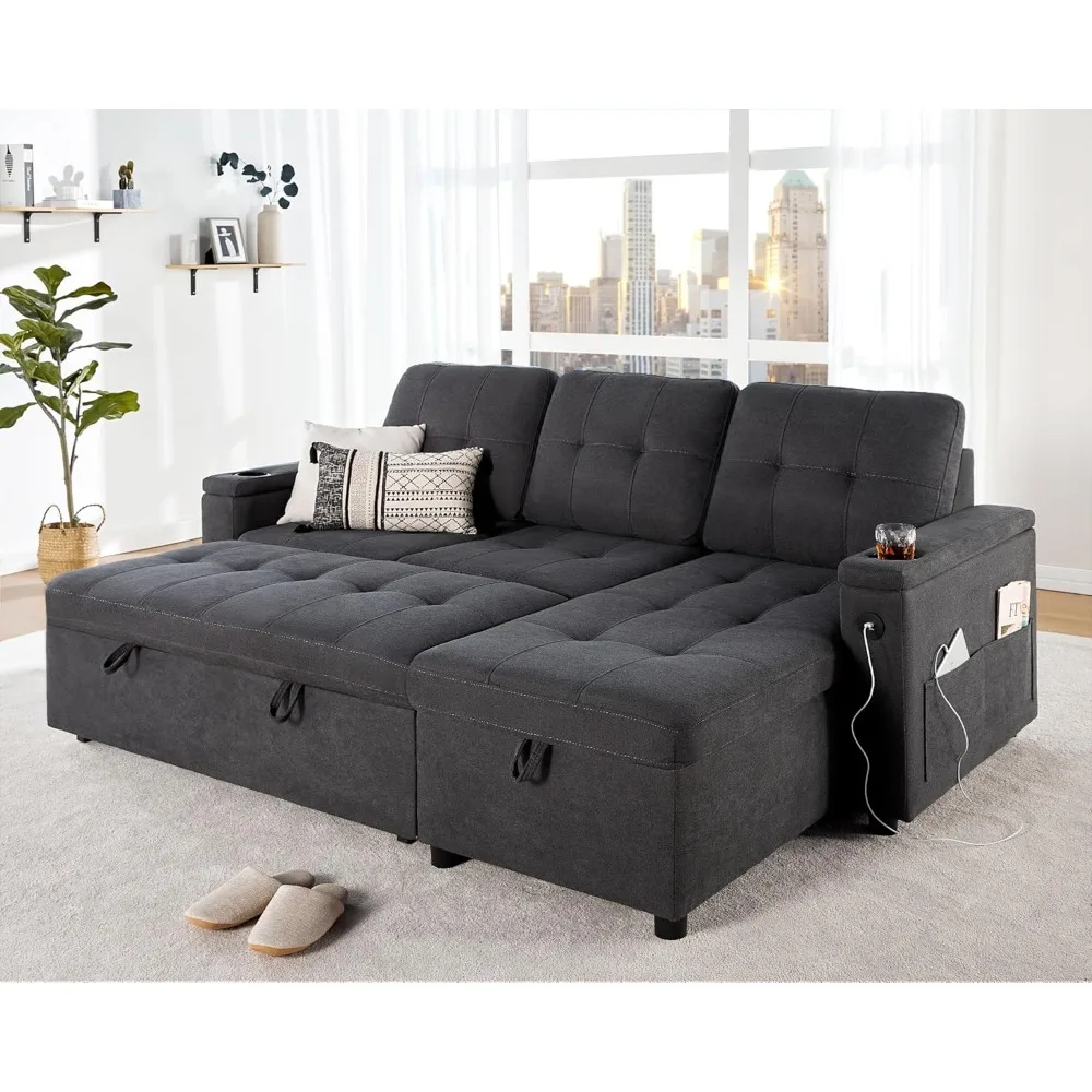 Sleeper Sofa, Pull Out Couch Bed USB Charging Port & Cup Holders, L-Shaped Sectional Couch with Storage Chaise, Comfy Couch