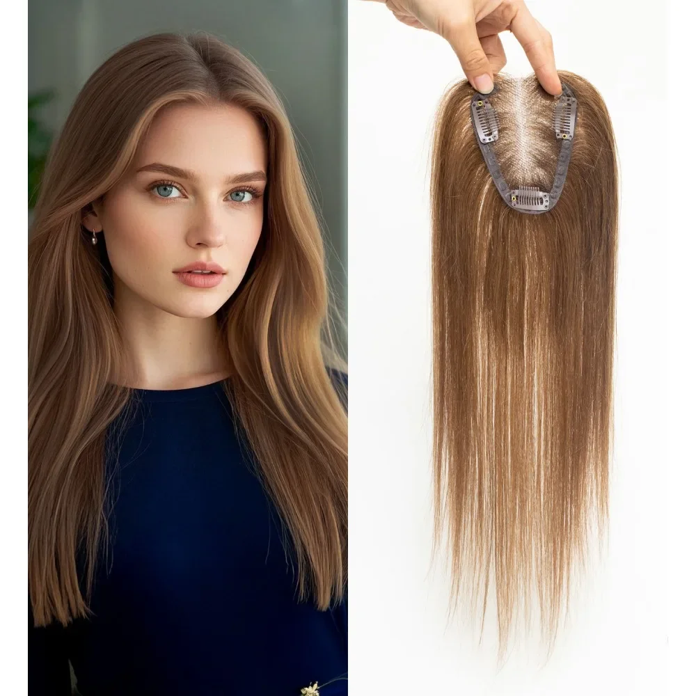 100% Human Hair Toppers Wigs with Bangs Silk Base Clip Pieces in Hair Extension for Women 16inch Topper Hair