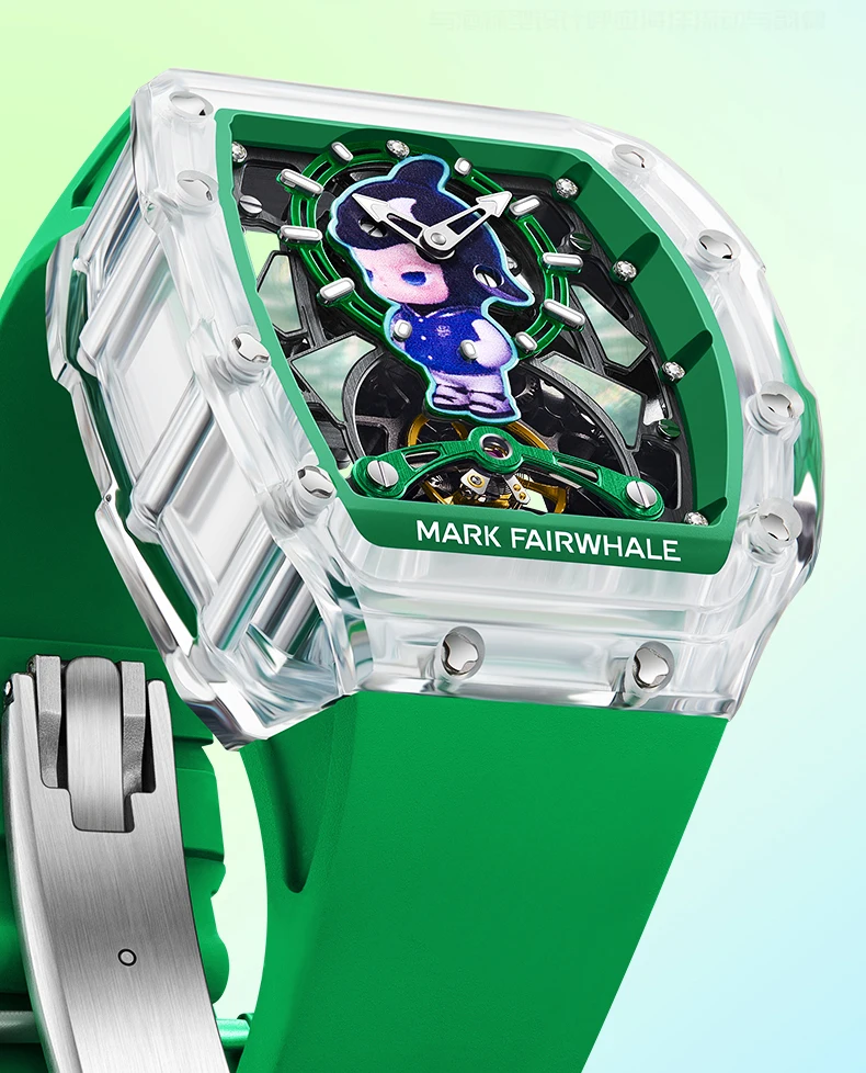 Mark Fairwhale Men Automatic Watch 48mm Acylic Tonneau Mechanical Wristwatch Skeleton Dial 30M Waterproof Luminous