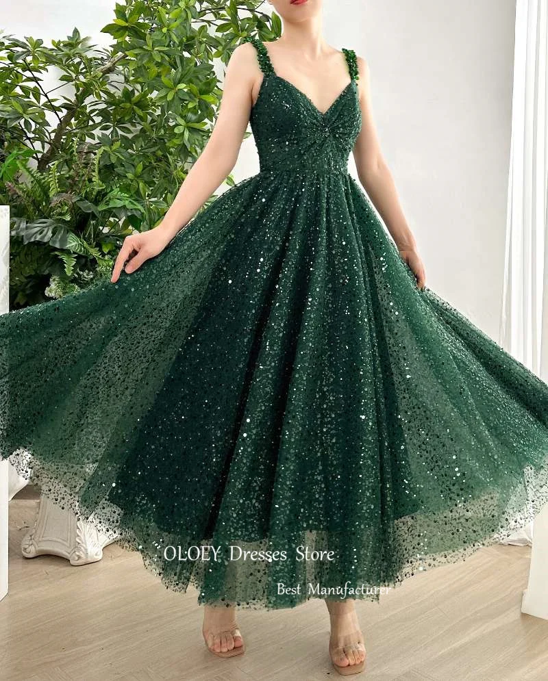 OLOEY Glitter Emerald Green Evening Party Dresses Women Straps Ankle Length Prom Gowns Wedding Party Dress Formal Event