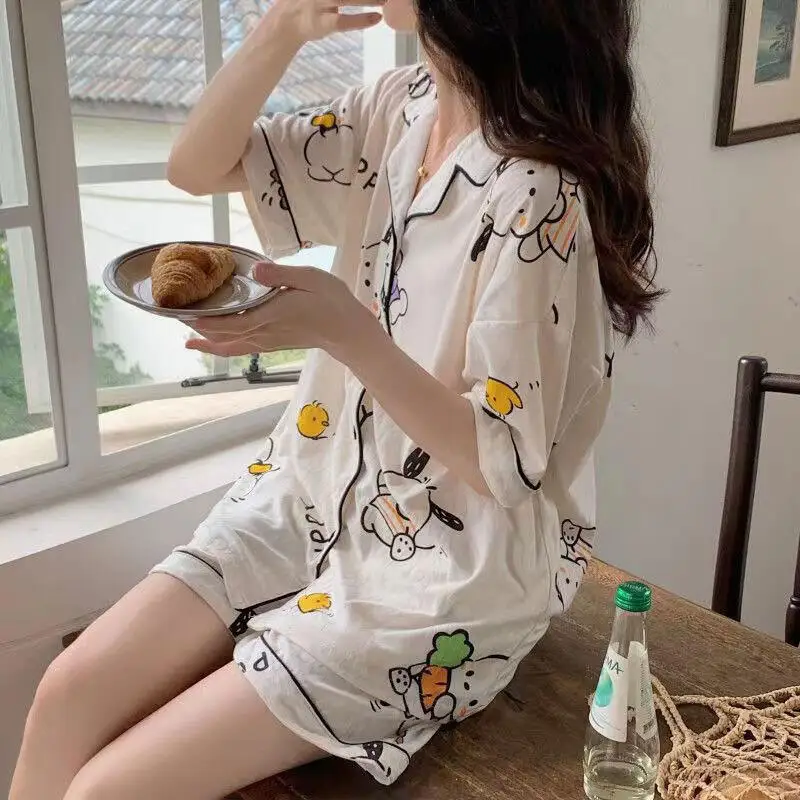 

Женский комплект домашней одежды с короткими рукавами и шортами, летний новый комплект для подростков, пижама с мультяшным принтом, модный корейский комплект из двух предметов для девочек