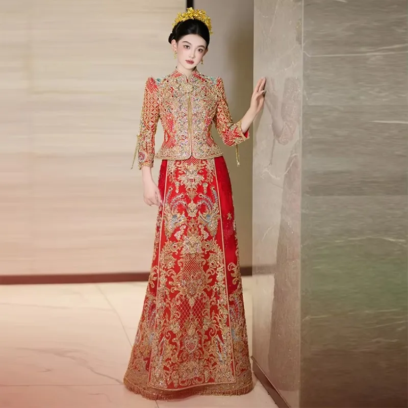 

Good Quality Beaded Sequin Embroidery Traditional Chinese Clothing Xiuhe Chinese Wedding Dress With Tassels