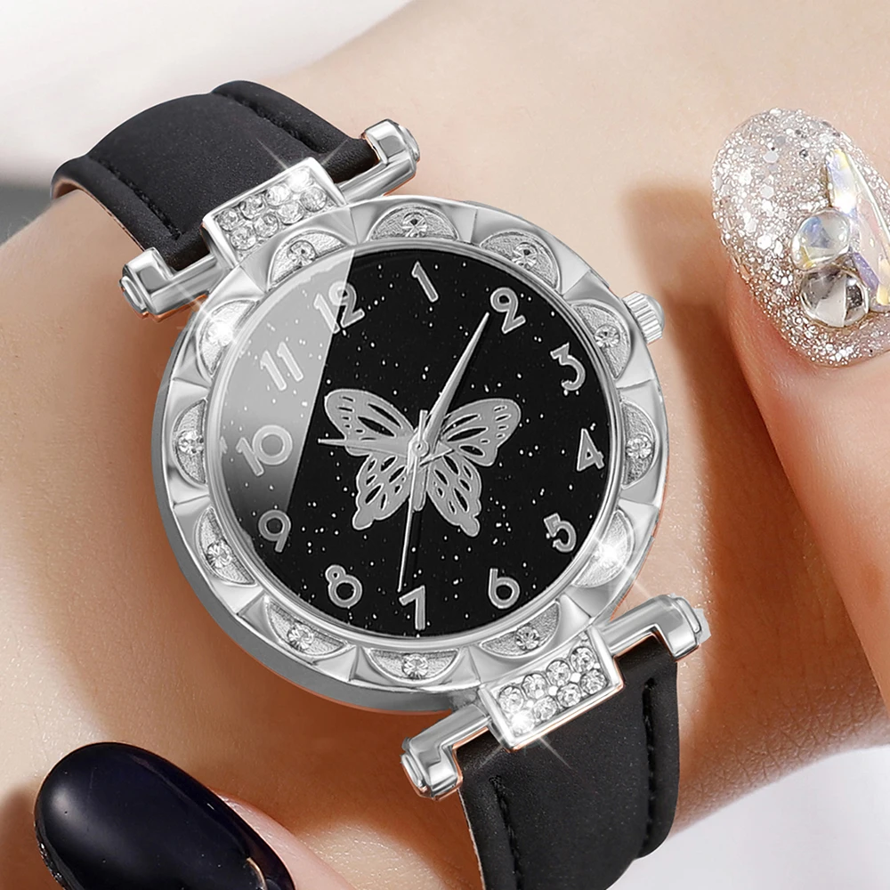 Black 6PCS Women Watch Butterfly Element Dial Quartz Wristwatch Leather Strap Watch Butterfly Jewelry Set Gift For Girls