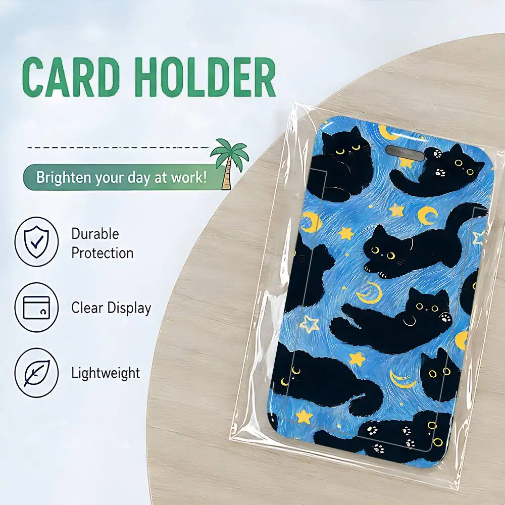 Air Moon Stars And Black Cats Clear ID Card Holder Lanyard Neck Strap Badge Case Door Credit Card Protector Daily Gift