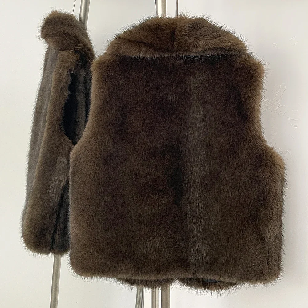 OFTBUY معطف الفرو بلا أكمام المرأة صديقة للبيئة الخريف الشتاء الدافئة الاصطناعي التلبيب فو الفراء صدرية وهمية الفراء Jakcet الإناث