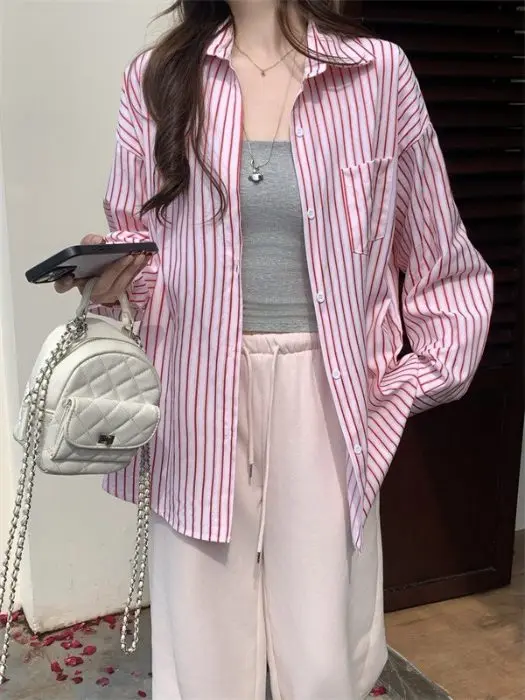 

Chic Blue Striped Shirt Jacket Women's Early Spring Casual Lazy Style Matching Outerwear Loose Fit UV Protection
