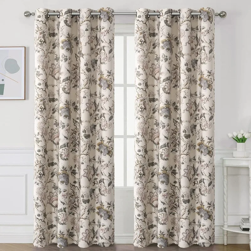 

Blackout Curtains 2 Panels Set Floral Print Curtain Drapes for Living Room Thermal Insulated Grommet Window Curtains