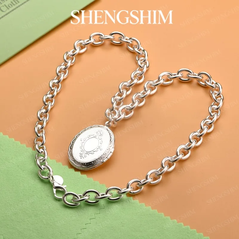 SHENGSHIM 925 Sterling Silver Oval Locket Rolo Chain Necklace For Women Men Fashion Jewelry Hip Hop Party Birthday Gift