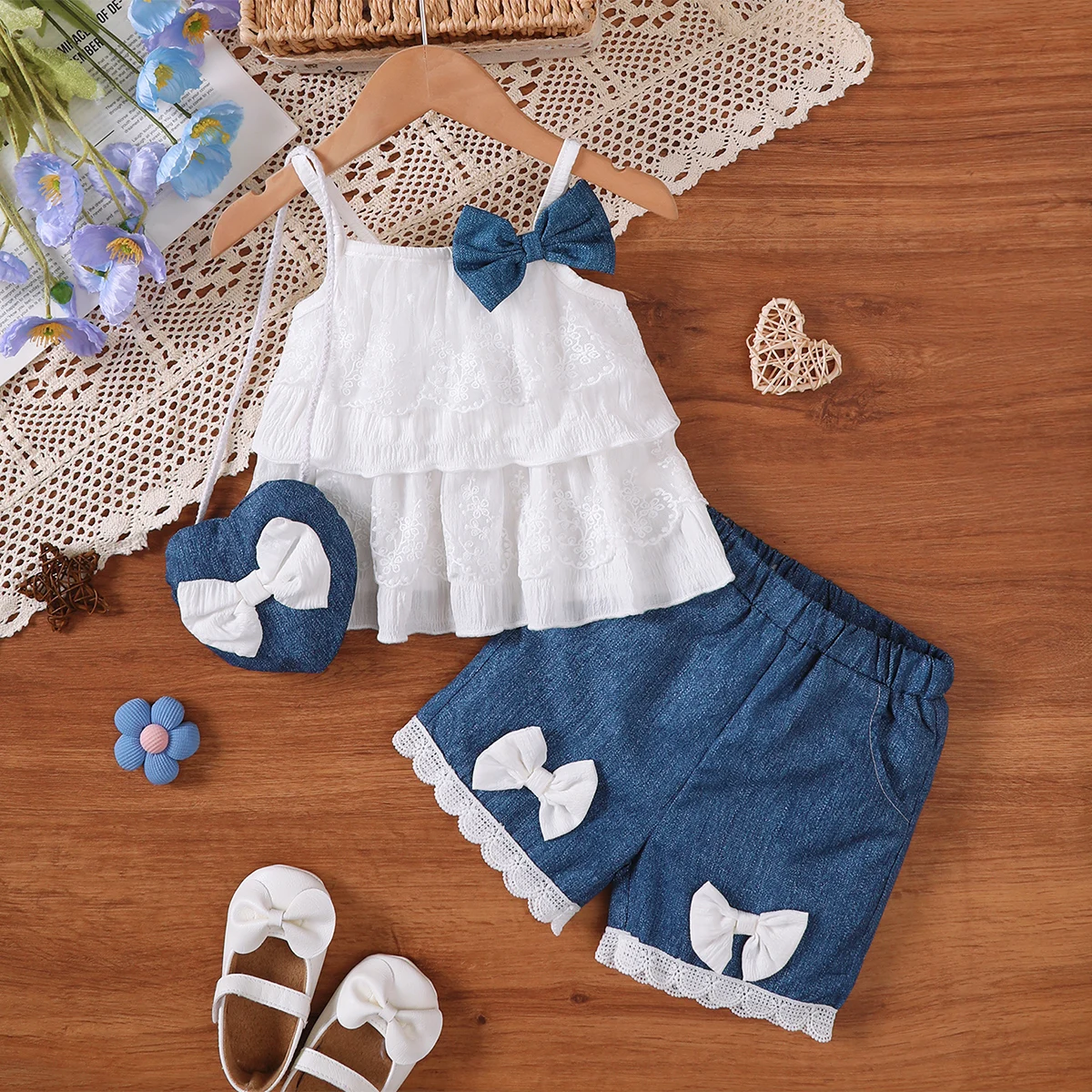 

3PCS Fashion Summer White Lace Ruffle Tank Top for Preschool Girls+Imitation Cowboy with Bow Shorts+Small Bag Casual Set 0-2Y