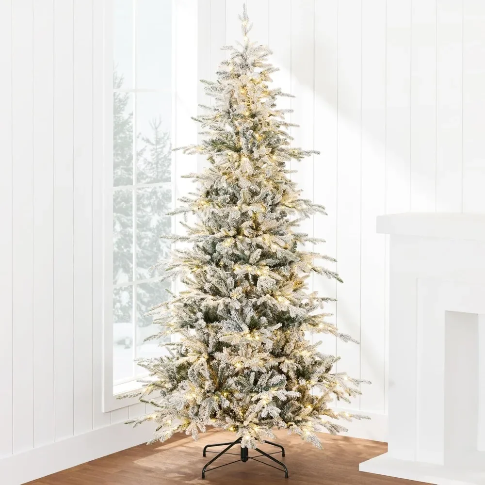 12ft Christmas Tree, Flocked Artifical Noble Fir, Pre-Lit White & Multicolored LED Lights Premium Holiday Décor