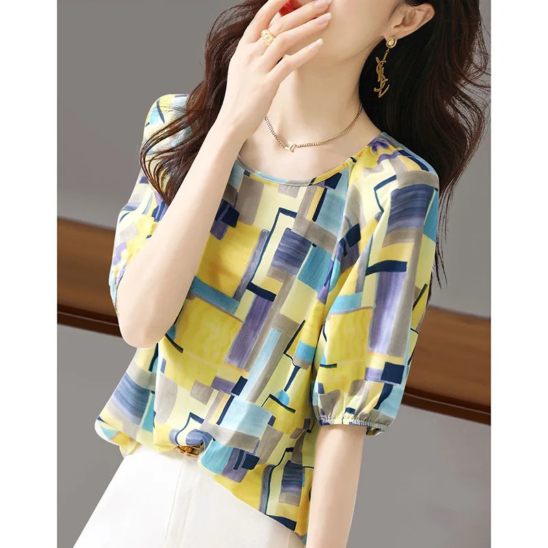 

Vintage Printed O-Neck Loose Folds Chiffon Blouse Women's Clothing 2023 Summer New Casual Pullovers All-match Office Lady Shirt