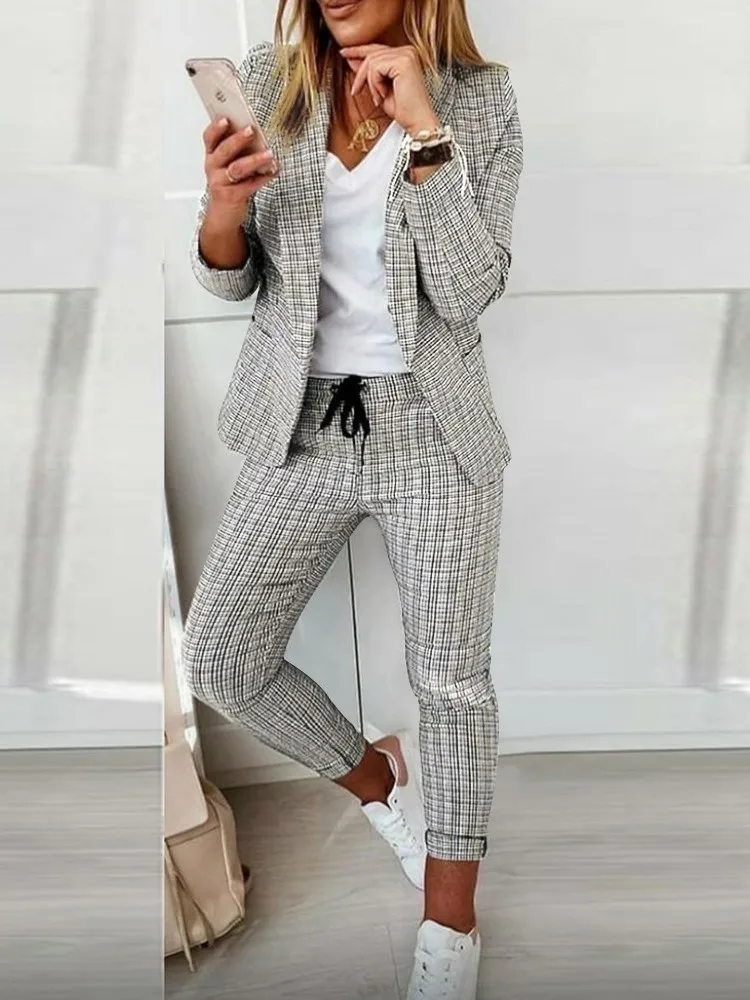 New Autumn Winter Plaid Printing Two Piece Sets Women Casual Notched Collar Blazer & Pants Set Outfits Fashion Elegant Suit Sets