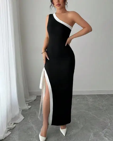 

Summer Women's Fashion Socialite Style Sexy Contrasting Slit Dress New Style Daily Clothing Temperament Female Elegant Dresses